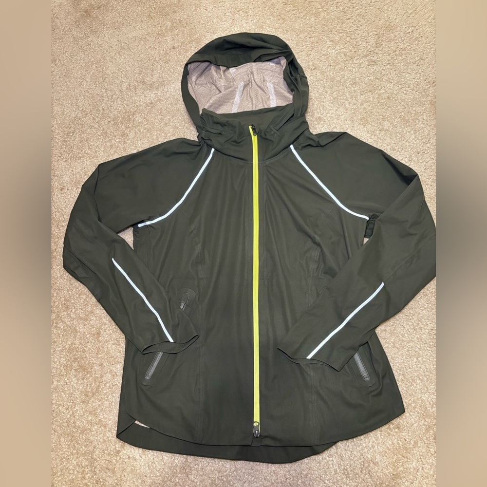 Athleta Olive Jacket with Neon Accents & Fully Retractable Hood Size XL